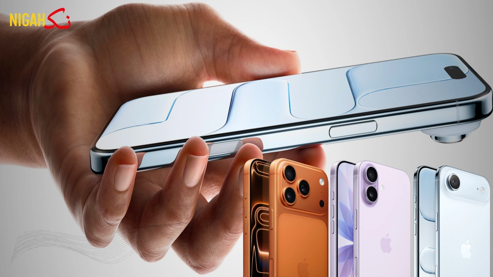 iPhone Air in Sky Blue finish, partial-screen display and side angle shows - Action button, volume button and side button. Back exterior shows advanced dual-camera system in top left corner iPhone 17 Pro in cosmic orange finish showing partial-screen display and side angle shows - Action button, volume button and side button. Back exterior shows Pro camera system in top left corner