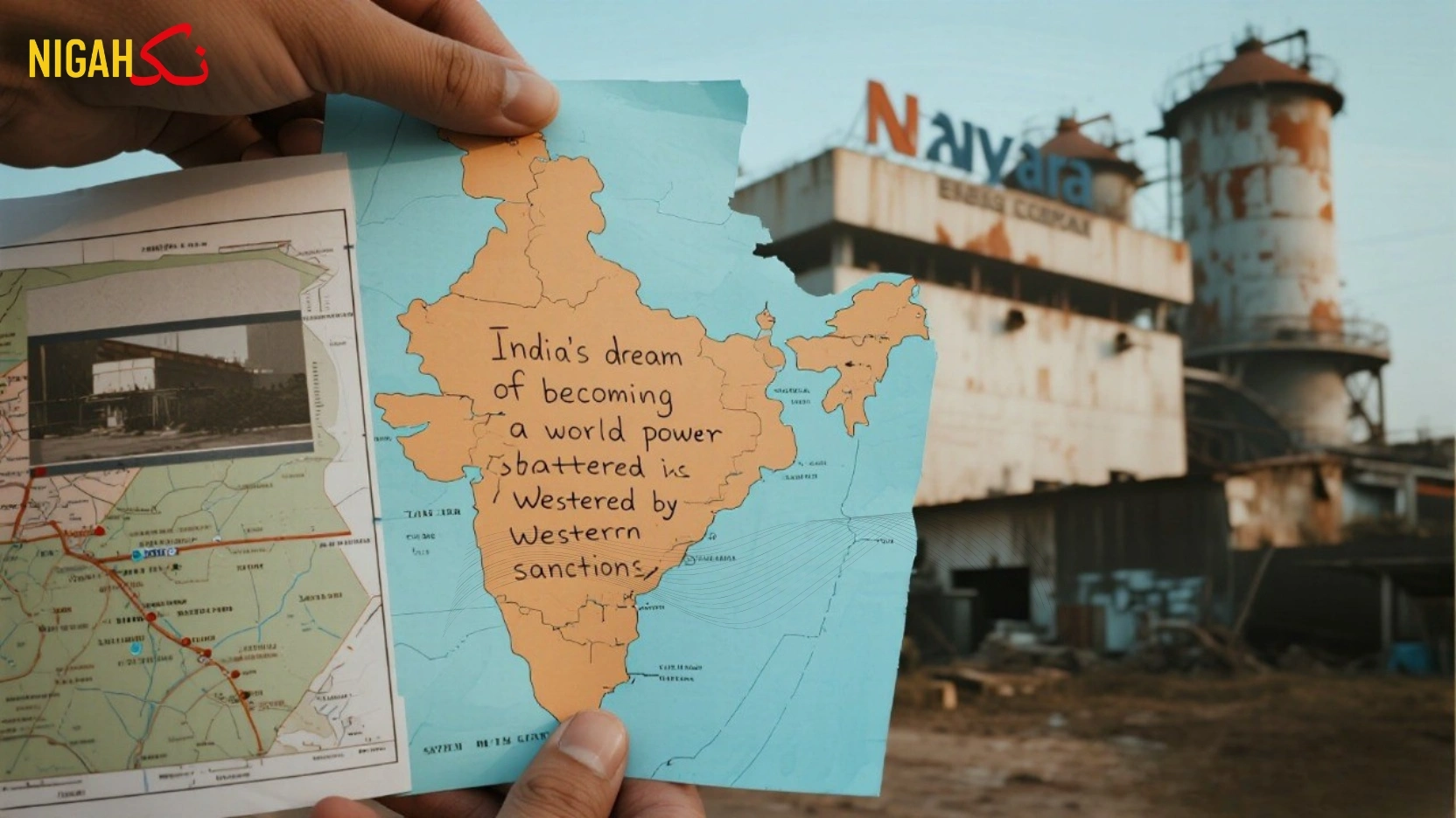 A person holds two papers in front of a rusted industrial site labeled 'Nayara Energy.' One paper shows a map of India with a handwritten message: 'India's dream of becoming a world power is shattered & is Westered by Western sanctions.' The other paper features a map with route markings and a photo. The background includes overgrown vegetation and a decaying cylindrical structure, visually reinforcing the theme of stalled progress and geopolitical critique.