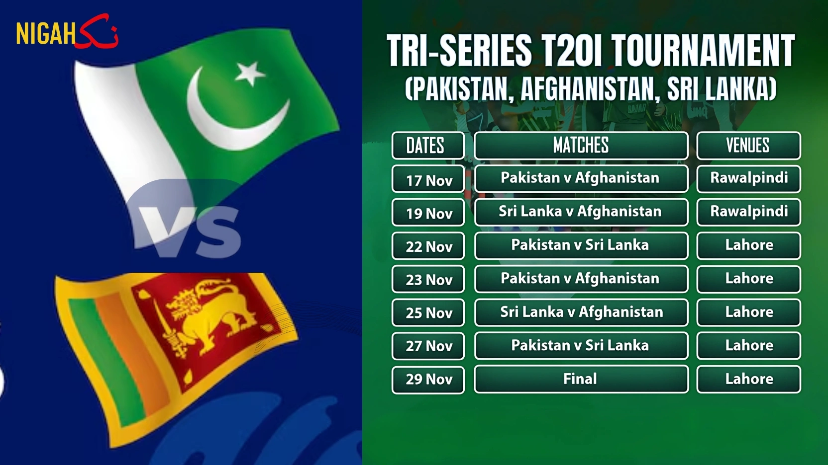 nigah pak vs srilanka Pakistan to host maiden T20I tri-series involving Afghanistan and Sri Lanka The series has been organised to provide all teams with valuable preparation ahead of next year’s ICC Men’s T20 World Cup, to be staged in India and Sri Lanka.